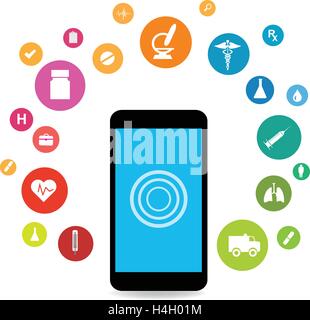 Blue Touchscreen Smart phones with colorful medical application icons Stock Vector