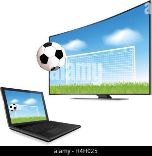 Soccer ball in motion flying off Smart Tv screen Stock Vector