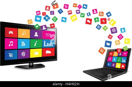 Smart TV and laptop with apps Colorful application icons on white background Stock Vector