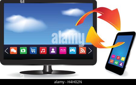 Smart TV and SmartPhone with a blue background and colorful apps on a screen. Isolated on a white. 3d image Stock Vector