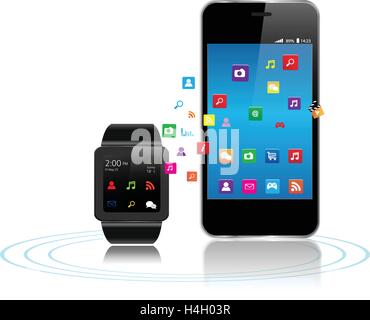 Black  Touchscreen Smartphones with colorful Application Icons sharing Stock Vector