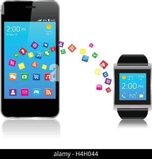 Smartwatch and Smart phone with colorful Application Icons sharing Stock Vector