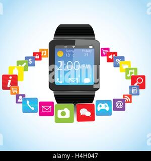 Smart watch with colorful Application Icons sharing Stock Vector