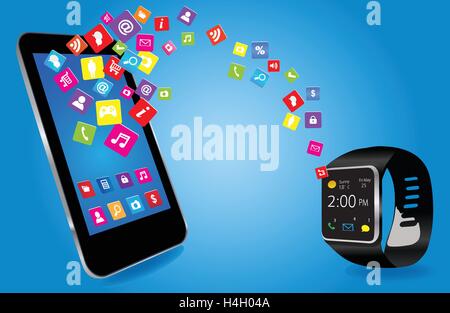 Smartwatch and Smart phone with colorful Application Icons sharing Stock Vector