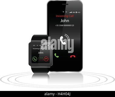 Black Touchscreen Smartwatch and Smartphone with incoming call on display Stock Vector