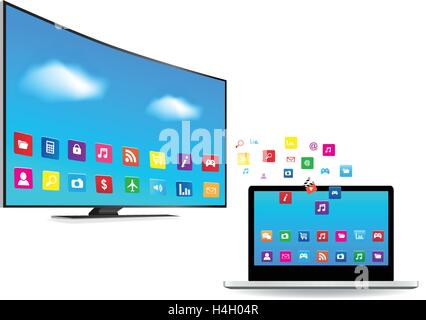 Smart TV and Laptop with Apps Application coming out from Laptop and Smart TV on white background Stock Vector