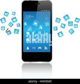 Black  Touchscreen Smartphones with colorful Application Icons sharing Stock Vector