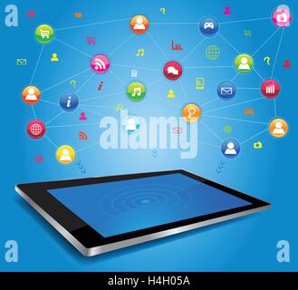 Social network and mobility concept. Cloud with Tablet PC and application icons Stock Vector