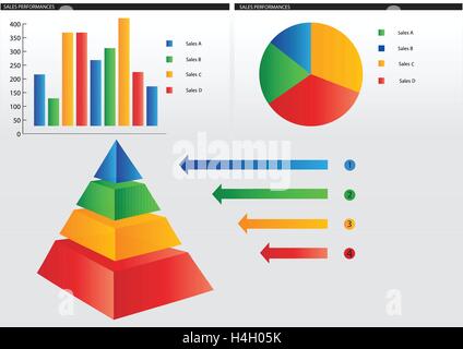 3d  Pyramide graph  and paper with statistic charts Stock Vector