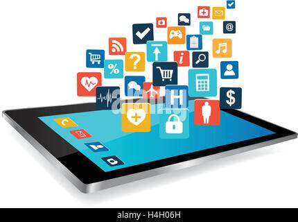 Tablet PC with cloud of colorful application icons Stock Vector