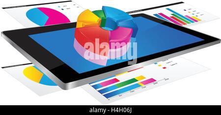 Tablet screen with 3d pie chart and a paper with statistic charts Stock Vector