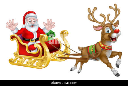 Santa Claus cartoon character in his Christmas sled sleigh with his red nosed reindeer Stock Photo