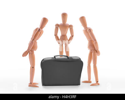 Three characters looking at black case. Isolated on white. New business case, portfolio inspection, suspect item or team task co Stock Photo