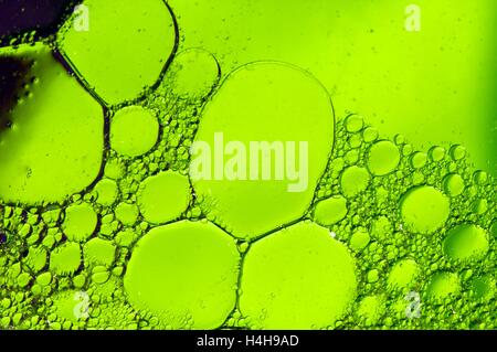 Oil bubbles on water with green background Stock Photo