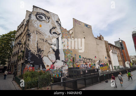 PARIS - SEPT 17, 2014: The wall filled with graffiti of Salvador Dali near Centre of Georges Pompidou in Paris, France. Stock Photo