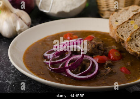 Original Czech beef goulash, red onion, hot chilli peppers in and bio healthy wholemeal bread Stock Photo