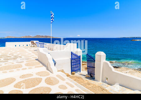 A viewpoint terrace overlooking sea bay in Naoussa village, Paros island, Greece Stock Photo