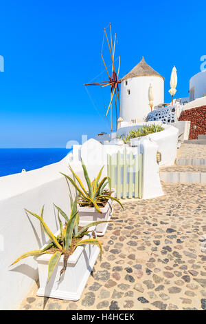 Famous windmill in Oia village on Santorini island, Greece Stock Photo