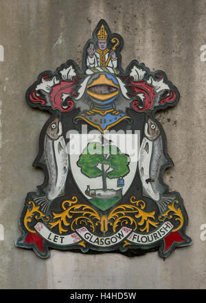 Glasgow Coat of Arms and city motto - 'Let Glasgow flourish' - from Glen Finglas Reservior sign, Trossachs, Scotland, UK Stock Photo