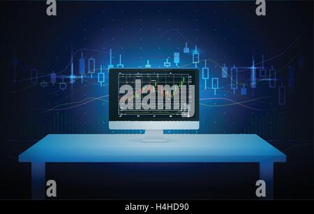 Computer showing stock chart on screen with blue theme. Stock Vector