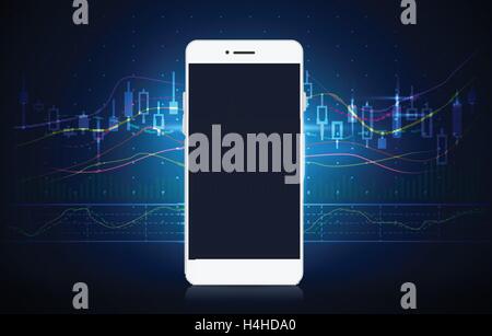 Smart phone blank screen on stock market concept background. Stock Vector