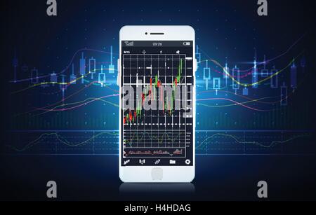 Smart phone showing stock chart on screen with blue theme. Stock Vector