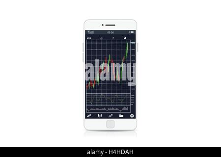 Stock chart on screen of white mobile phone isolated on white background. Stock Vector