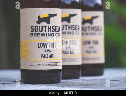 Low Tide Pale Ale, brewed by Southsea Brewing Co. which is an artisan brewery located in an old ammunition storage room within the walls of a coastal defence fort built by King Henry VIII in 1544. Stock Photo