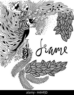 Illustration Zen Tangle portrait of a woman in flower frame. Doodle forest, garden. Coloring book anti stress for adults. Black and white. Stock Photo