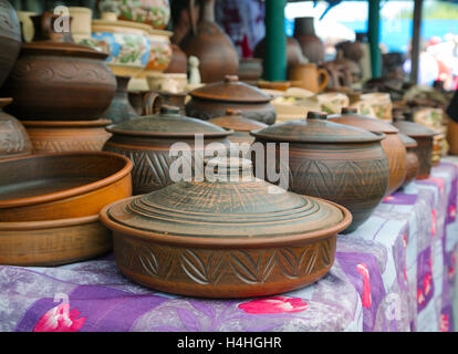 VELYKI SOROCHYNTSI, UKRAINE - AUGUST 20: Traditional Ukrainian ceramic jugs at the fair on August 20, 2016 in Velyki Sorochyntsi Stock Photo