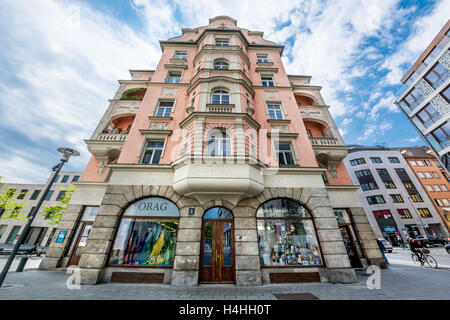 MUNICH, GERMANY - MAY 14, 2016: The building, located on Oberanger street , appearance. Stock Photo