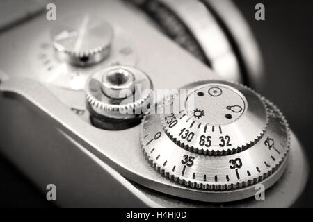 Old russiam photo camera shutter speed buttons close up Stock Photo