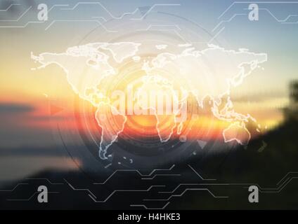 Abstract technology user interface elements on sunset sky blurred background. Tech vector design Stock Vector