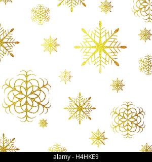 Golden glitter grunge snowflakes Christmas background. Vector greeting card design Stock Vector