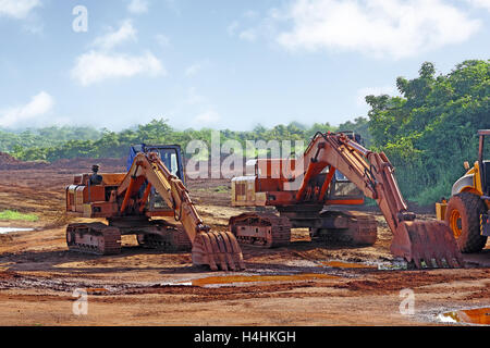 Heavy earthmoving hydraulic equipment parked after work in construction site Stock Photo