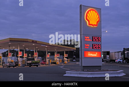 Shell Service Station, Keele services M6, West Midlands, England, UK at dusk - panorama