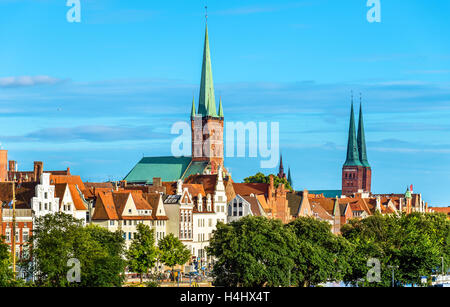 Skyline of Lubeck with St. Peter's Church and the Cathedral - Germany Stock Photo