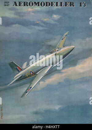 Vintage cover of the Aeromodeller magazine dated July 1947 showing a painting by Charles Rupert Moore of  the prototype Supermarine Attacker jet fighter from the same period.  Aeromodeller was a popular magazine for model flying enthusiasts First published in November 1935 and went out of publication in February 2001 but was brought back in to print as a supplement to Aviation Modeller International Stock Photo