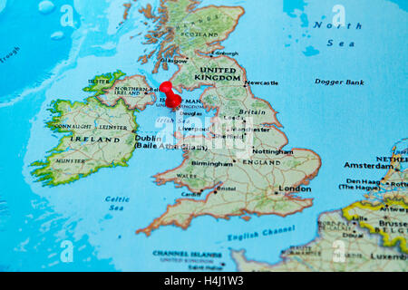 Douglas, Isle of Man pinned on a map of Europe. Stock Photo