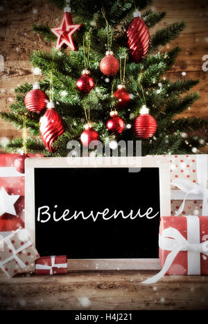 Christmas Tree With Bienvenue Means Welcome Stock Photo
