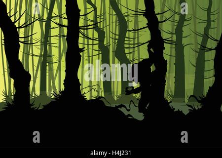 Vector illustration of a werewolf lurking in a creepy night forest with mist Stock Vector