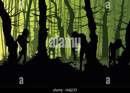 Vector illustration of zombies roaming a creepy night forest with mist Stock Vector