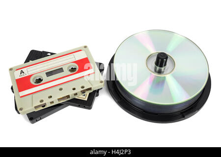 Audio cassettes and CDs isolated on white background with clipping path Stock Photo