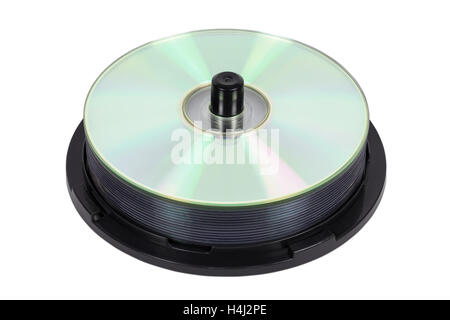 Stack of new CDs on spool isolated on white background with clipping path Stock Photo