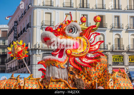 Chinese dragon dance in Puerta del Sol, Madrid, Spain. Stock Photo