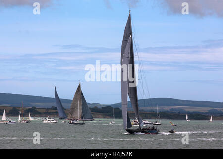 J-Class yachts 'Rainbow', 'Velsheda' and 'Lionheart' prepare for the start of Race 2 of the J Class Solent Regatta, July 2012 Stock Photo