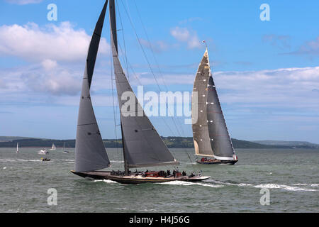 J-Class yachts 'Velsheda' (JK7) and 'Rainbow' (H2) manoeuvring before the start of a Solent race Stock Photo