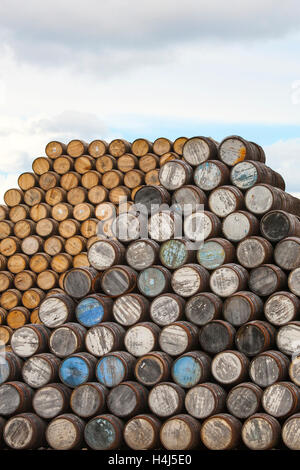 Stacks of Whisky barrels at Speyside Cooperage,  Visitor Centre, Craigellachie, Aberlour, Banffshire, Grampian Scotland uk Stock Photo