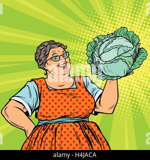 Smiling retro old woman with a head of green cabbage Stock Vector