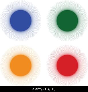 Starburst, sunburst shapes with radial, radiating lines. 4 color Stock Vector